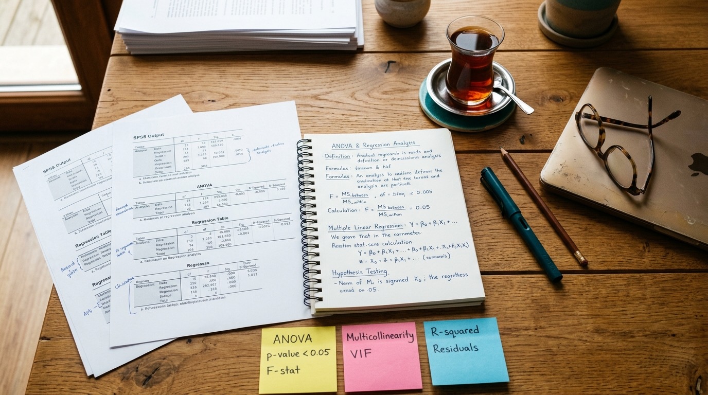 SPSS çıktıları ve akademik notlar ile çalışma masası
